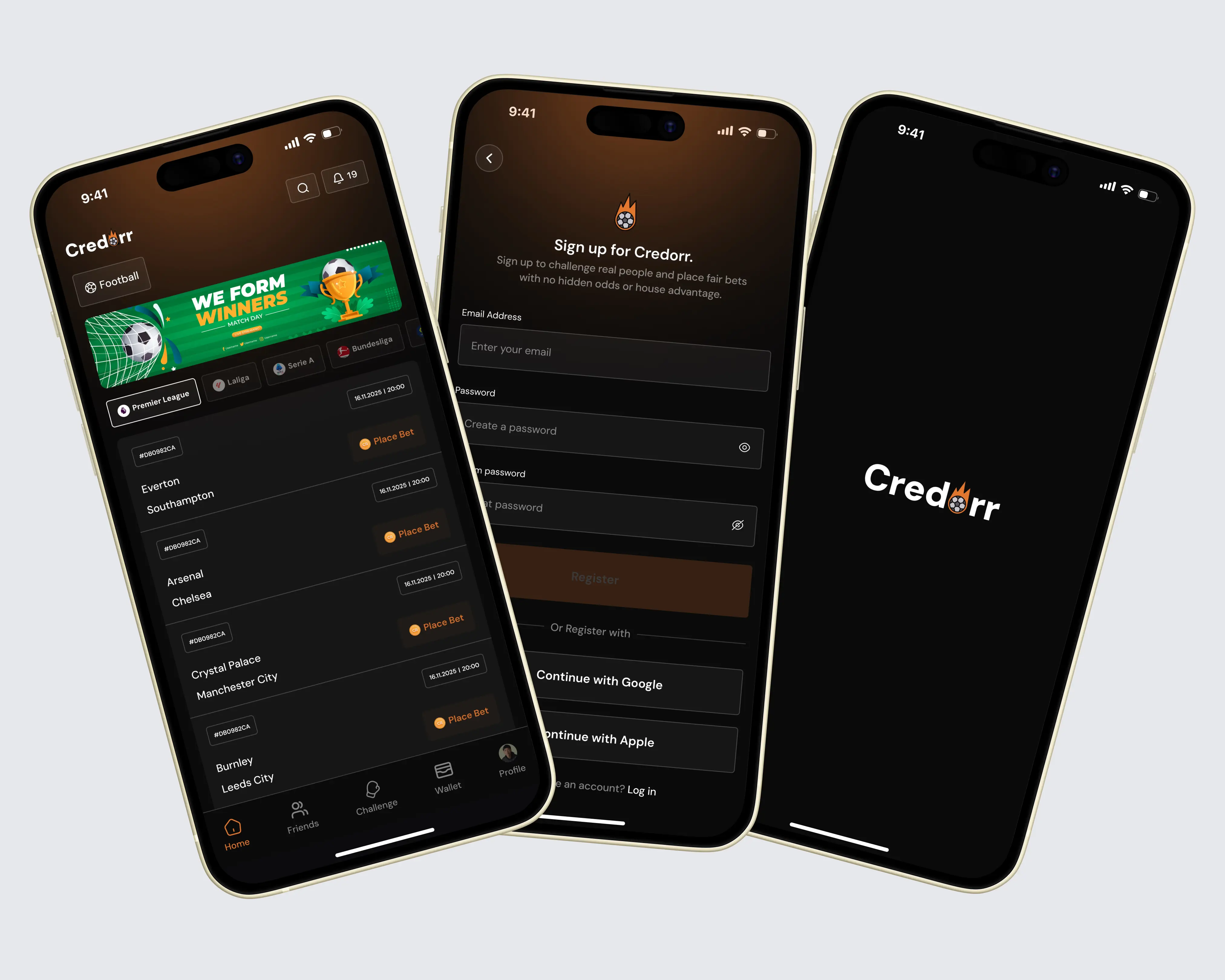 Credorr app – three phone screens showcasing the UI